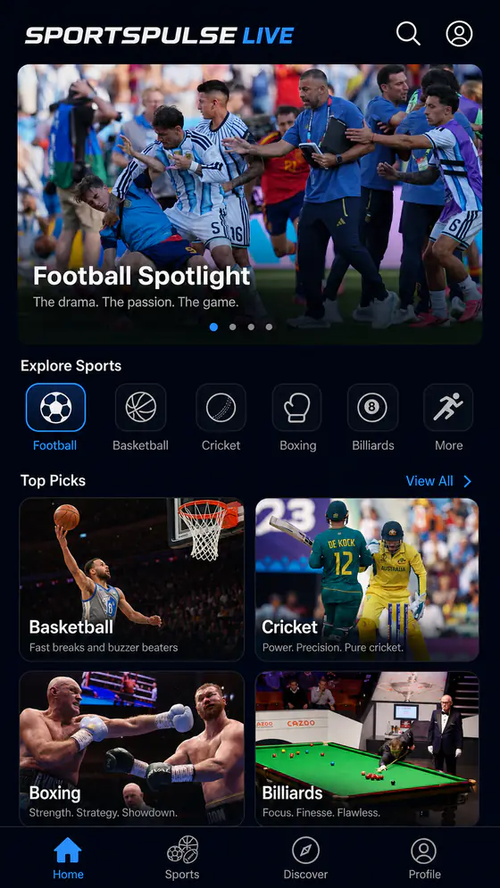 SPORTSPULSE LIVE app home preview